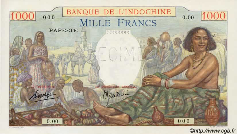 1000 Francs Spécimen TAHITI  1938 P.15 vars SC+