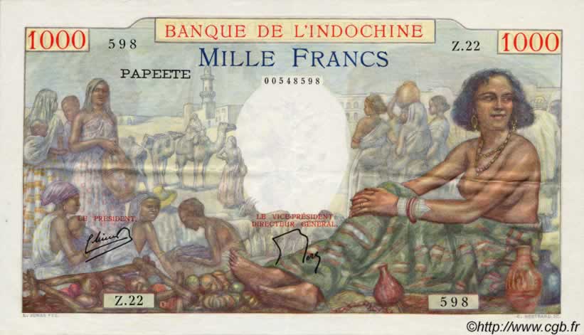 1000 Francs TAHITI  1954 P.15b XF-