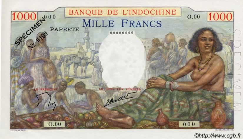 1000 Francs TAHITI  1954 P.15cs ST