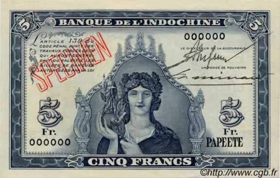 5 Francs TAHITI  1944 P.19s UNC
