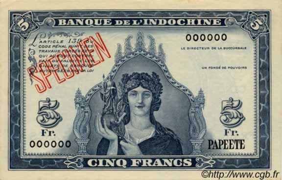 5 Francs Spécimen TAHITI  1944 P.19s fST+