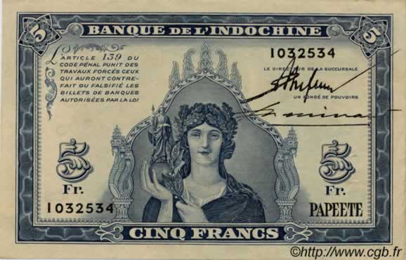 5 Francs TAHITI  1944 P.19a XF