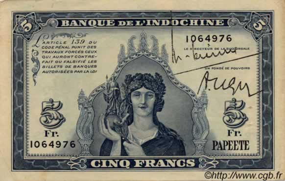 5 Francs TAHITI  1944 P.19a var XF
