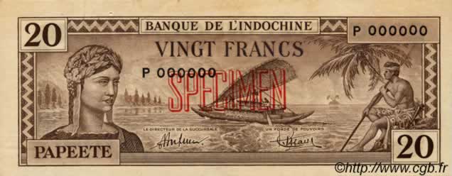 20 Francs TAHITI  1944 P.20s fST