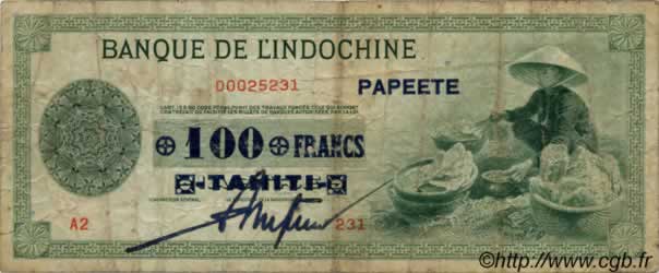 100 Francs TAHITI  1943 P.17b MB
