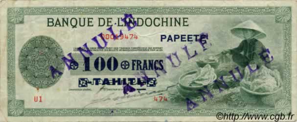 100 Francs TAHITI  1943 P.17b BB