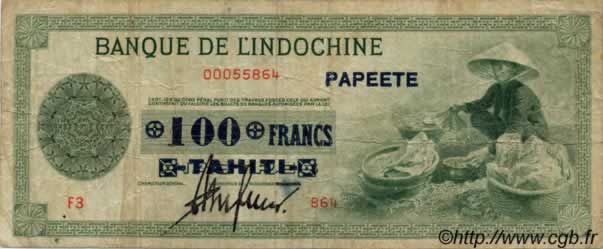 100 Francs TAHITI  1943 P.17a TB