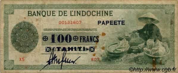 100 Francs TAHITI  1943 P.17b BC