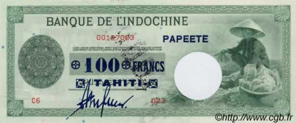 100 Francs TAHITI  1943 P.17bs UNC-