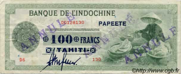100 Francs Spécimen TAHITI  1943 P.17bs MBC