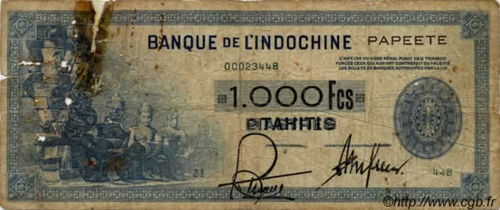 1000 Francs TAHITI  1943 P.18b q.MB