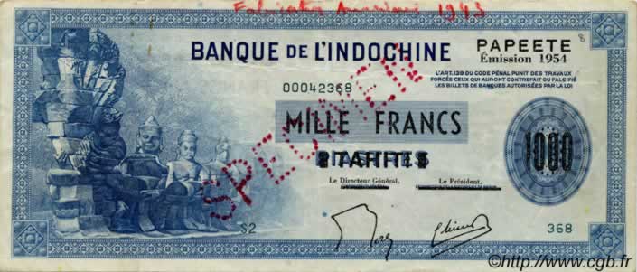 1000 Francs Spécimen TAHITI  1954 P.22s TTB+