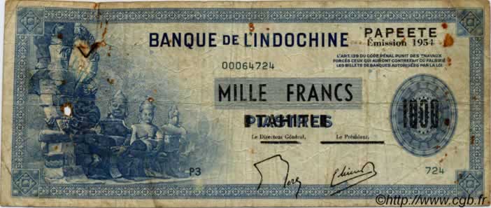 1000 Francs TAHITI  1954 P.22 pr.TB