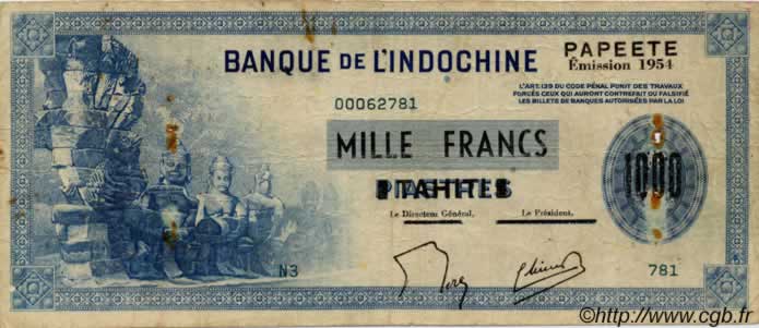 1000 Francs TAHITI  1954 P.22 q.BB