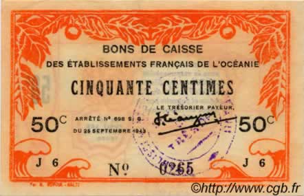 50 Centimes OCEANIA  1943 P.10a XF+
