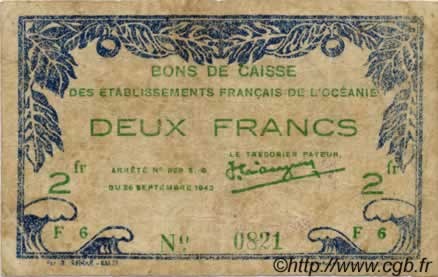 2 Francs OCÉANIE  1943 P.12a TB