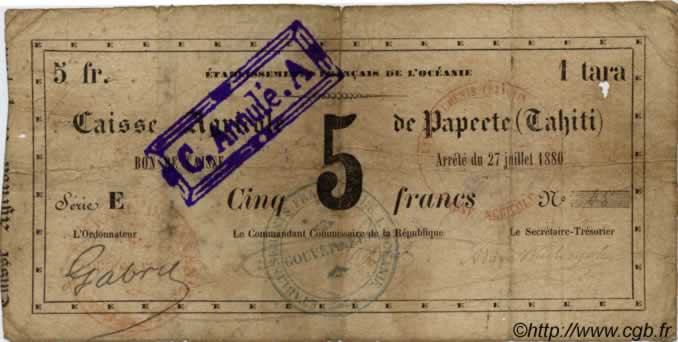 5 Francs - 1 tara TAHITI  1880 P. -s VG