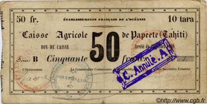 50 Francs - 10 tara TAHITI  1880 P. -s q.MB