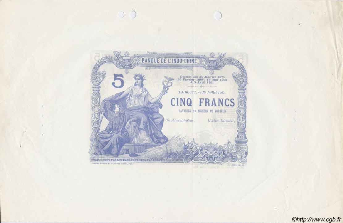 5 Francs DJIBOUTI  1905 P. - AU