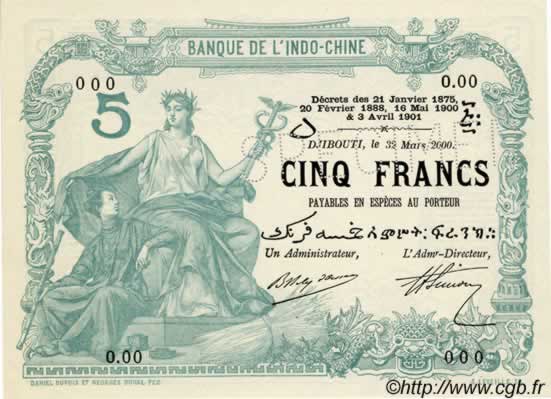 5 Francs YIBUTI  1905 P.-s FDC