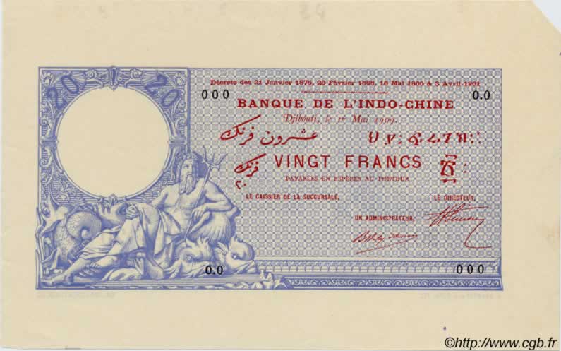 20 Francs YIBUTI  1909 P.02 SC+