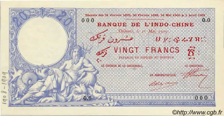 20 Francs Spécimen DSCHIBUTI   1909 P.02s fST