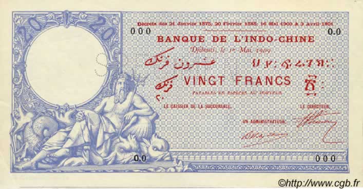 20 Francs DSCHIBUTI   1909 P.02s fST