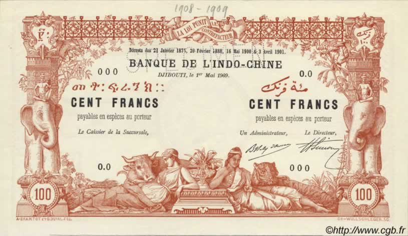 100 Francs Spécimen DSCHIBUTI   1909 P.03s fST+