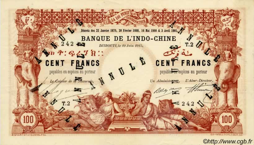 100 Francs Annulé DJIBOUTI  1915 P.03 XF
