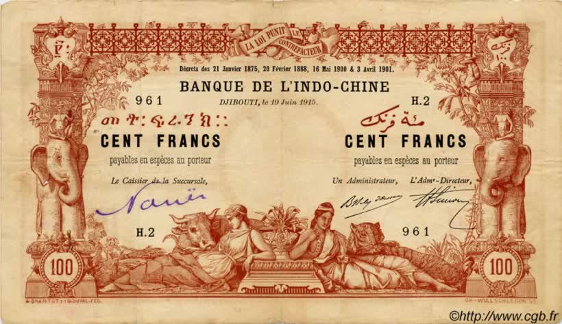 100 Francs DJIBOUTI  1915 P.03 F+