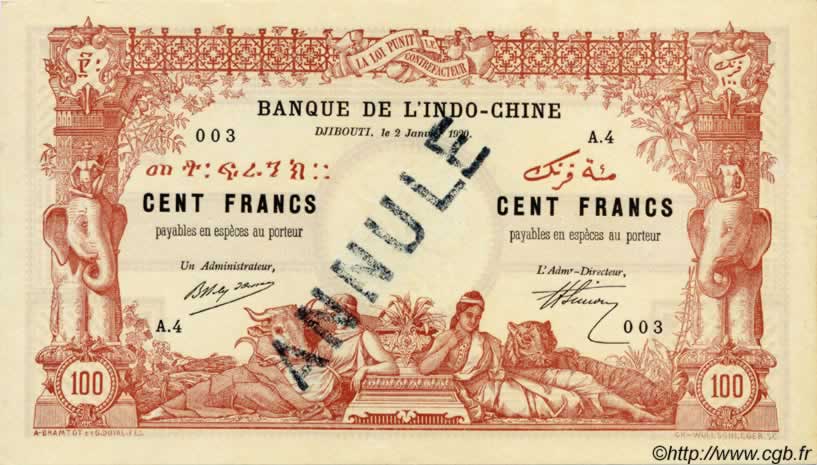 100 Francs DJIBUTI  1920 P.05s FDC