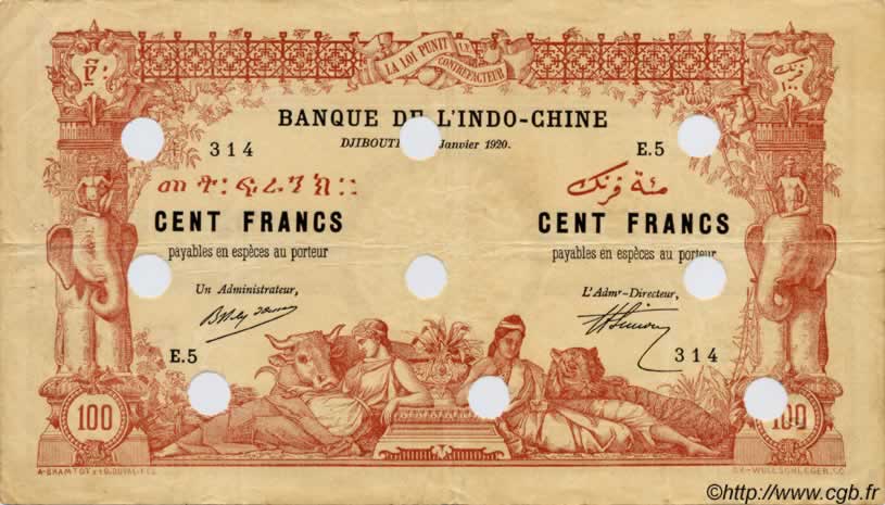 100 Francs DJIBUTI  1920 P.05 q.BB