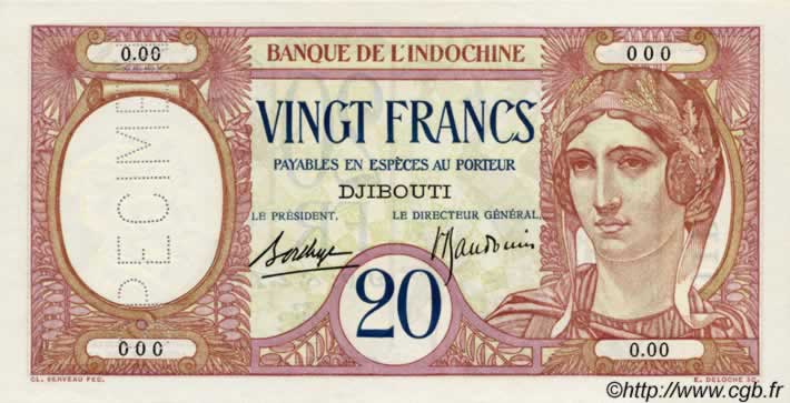 20 Francs Spécimen DSCHIBUTI   1932 P.07as fST+