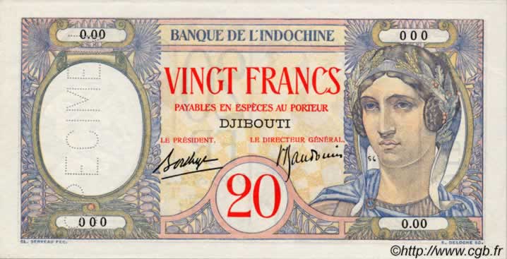 20 Francs DJIBUTI  1936 P.07As q.FDC