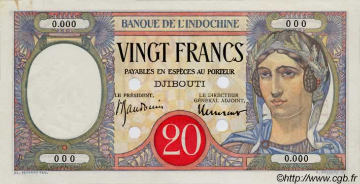 20 Francs Spécimen DSCHIBUTI   1947 P.07Bs fST