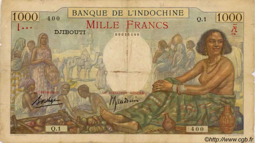 1000 Francs DJIBOUTI  1938 P.10 VG