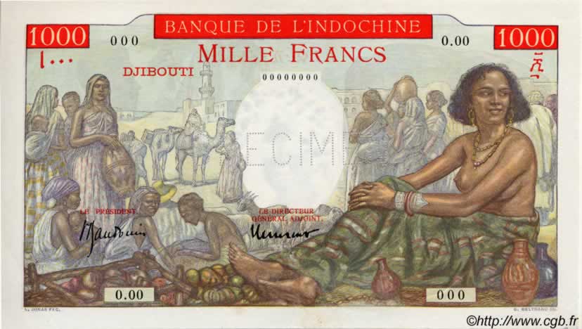 1000 Francs Spécimen DJIBOUTI  1947 P.10As pr.NEUF