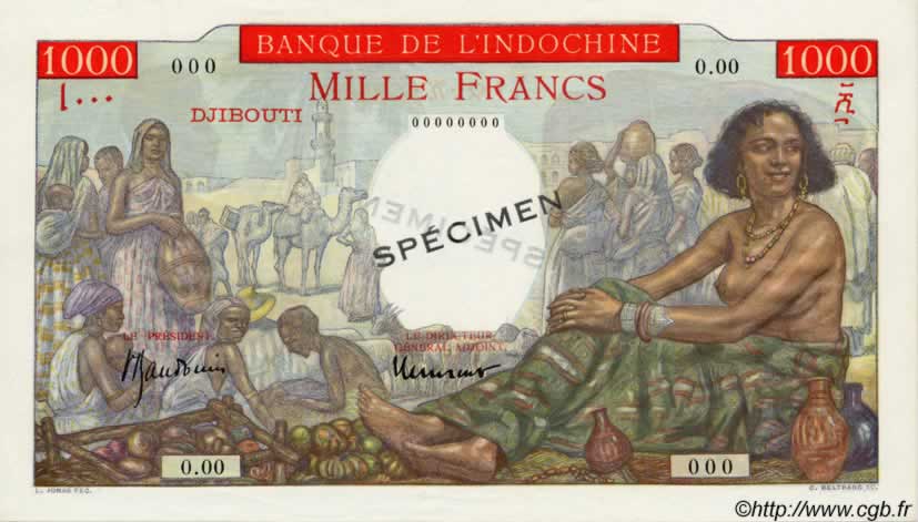 1000 Francs Spécimen DJIBUTI  1947 P.10As q.FDC