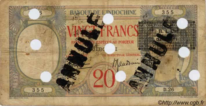 20 Francs DJIBOUTI  1943 P.12As VG