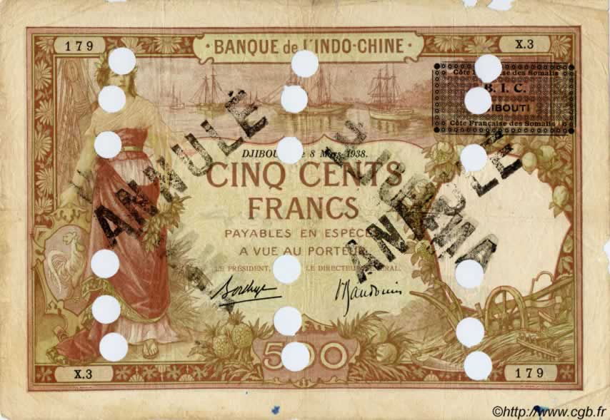 500 Francs DJIBOUTI  1927 P.13Cs VG