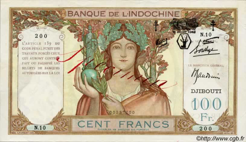 100 Francs DSCHIBUTI   1943 P.13s VZ+