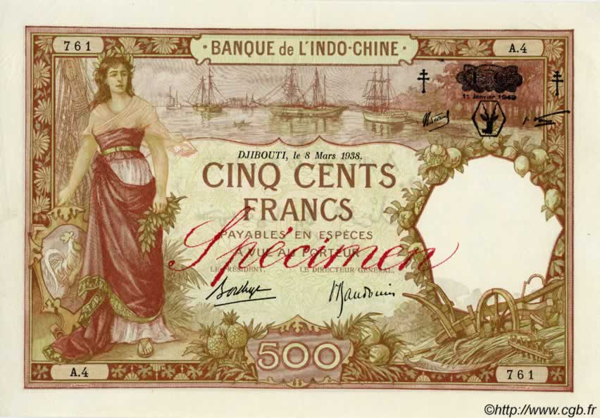 500 Francs YIBUTI  1943 P.13Bs EBC+