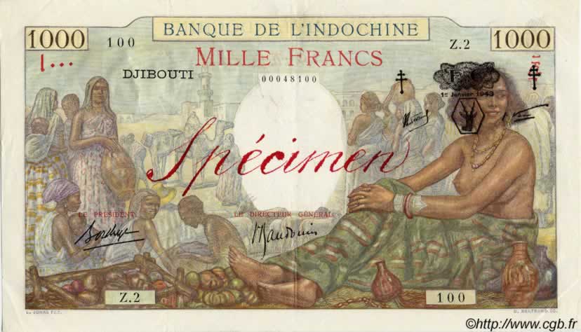 1000 Francs DJIBOUTI  1943 P.13Ds XF