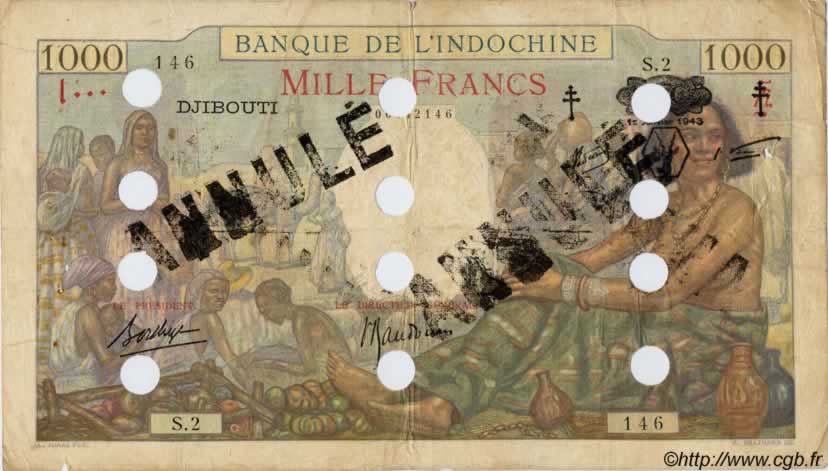 1000 Francs Spécimen DSCHIBUTI   1943 P.13Ds fS