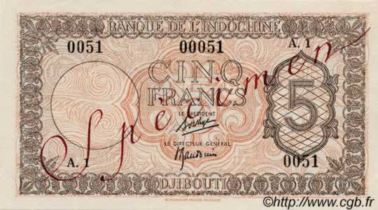 5 Francs Palestine DJIBUTI  1945 P.14s AU