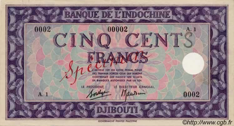 500 Francs Palestine Fauté DJIBOUTI  1945 P.17s SUP