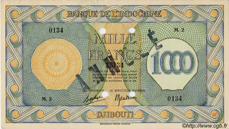 1000 Francs Palestine DJIBOUTI  1945 P.18s AU