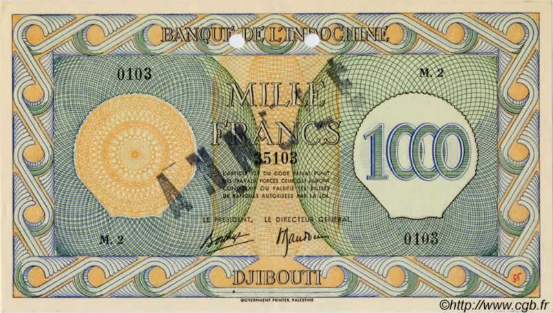 1000 Francs Palestine Spécimen DJIBOUTI  1945 P.18s AU