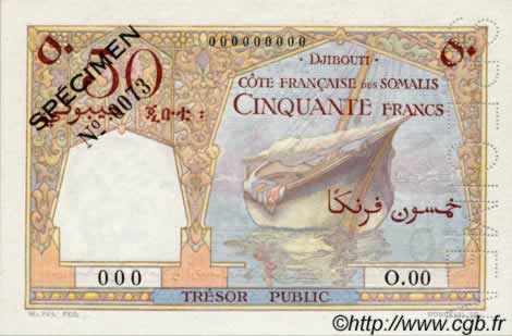 50 Francs YIBUTI  1952 P.25s FDC