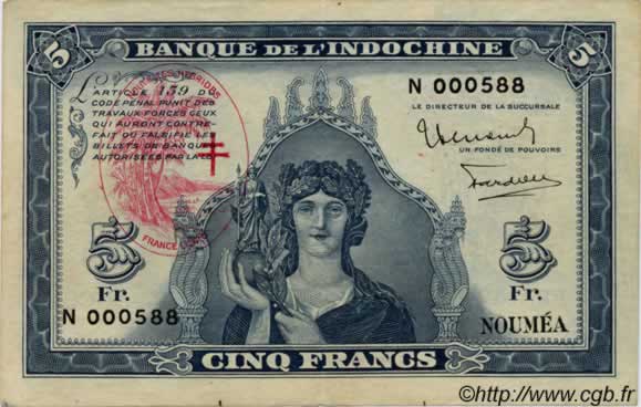 5 Francs NEUE HEBRIDEN  1945 P.05 fVZ